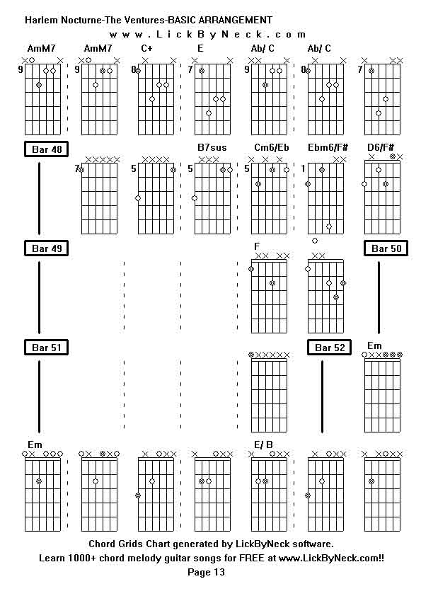 Chord Grids Chart of chord melody fingerstyle guitar song-Harlem Nocturne-The Ventures-BASIC ARRANGEMENT,generated by LickByNeck software.